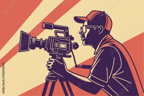 Cinematic filmmaker operating video camera on tripod in stylized artwork