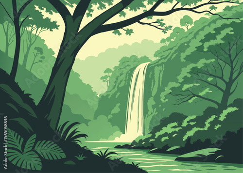 Rainforest waterfall oasis – vector illustration of tropical waterfall surrounded by lush greenery