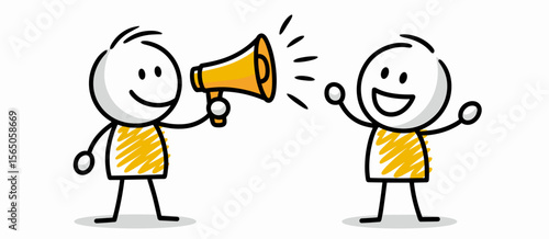 Stick figures with megaphone announcing, communication concept, excitement, two people