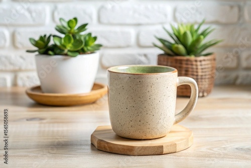 Wallpaper Mural A beige mug with a green rim sits on a wooden coaster next to succulents Torontodigital.ca