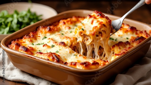 A delicious, cheesy baked pasta casserole being served with gooey melted cheese stretching from the spoon.