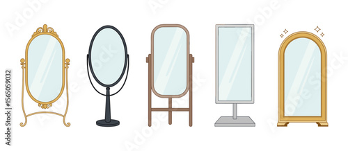 Collection of five full length mirrors with various stands and frames, home decor elements