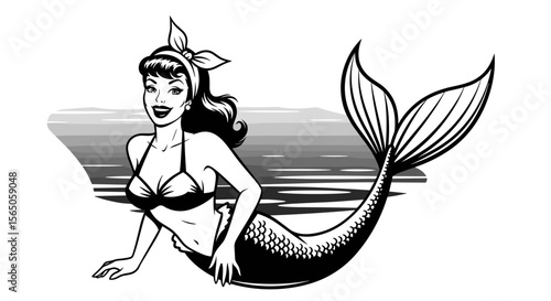 Mermaid woman retro style cartoon in ocean, fantasy sea mythical, adult female pinup