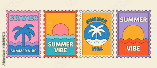 Summer vibe postage stamps. Retro summer vacation concept, tropical island design.