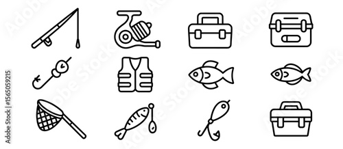 Fishing icons set, rod, reel, tackle box, fish, hook, net, vest, angling equipment icons