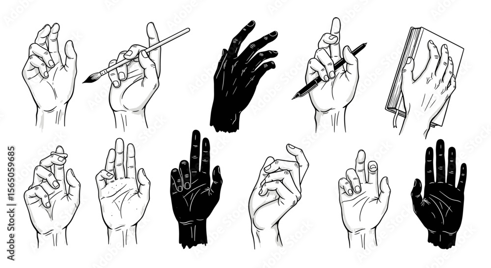 Fototapeta premium Set of hand gestures, drawing hands, hands holding items, creativity, line art, illustration