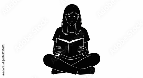 Wallpaper Mural "Person Reading Book Silhouette | Black and White Cross-Legged Reader Vector Art" Torontodigital.ca