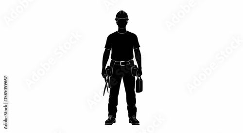 Wallpaper Mural "Construction Worker Silhouette with Tool Belt & Hard Hat | Black and White Labor Vector Icon" Torontodigital.ca