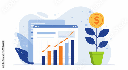 Financial growth and investment: Golden coin plant and rising charts. Represents strategic finance, wealth accumulation,and achieving economic independence through smart planning and market prosperity