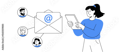 Woman with tablet sends email to people, messaging, communication, technology