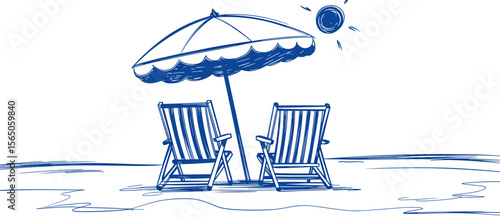 Beach vacation sketch with beach chairs, sun, and umbrella in blue and white drawing