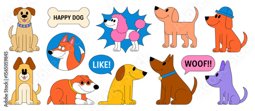 Cartoon dog characters set: happy, cute, funny, illustration, animal, pet, friend, puppy