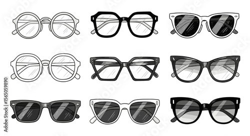 Eyeglasses variety illustration, eyewear collection, spectacles, fashion, style, vision