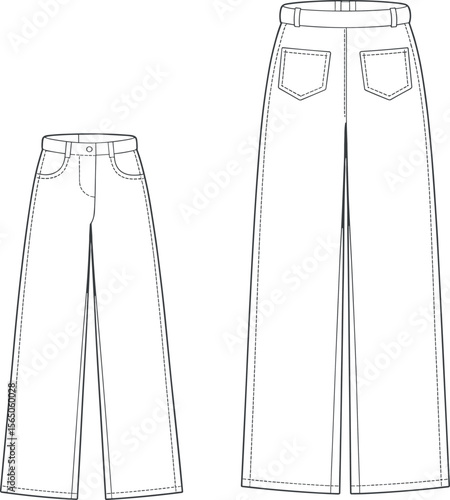 High waist wide leg jeans, front and back flat sketch, fashion technical drawing, casual denim trousers, garment vector illustration design