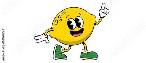 Retro lemon cartoon character pointing up, fun citrus mascot, concept illustration