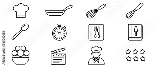 Cooking preparation line icons: chef, timer, pan, whisk, spoon, cookbook, clapperboard, rating.