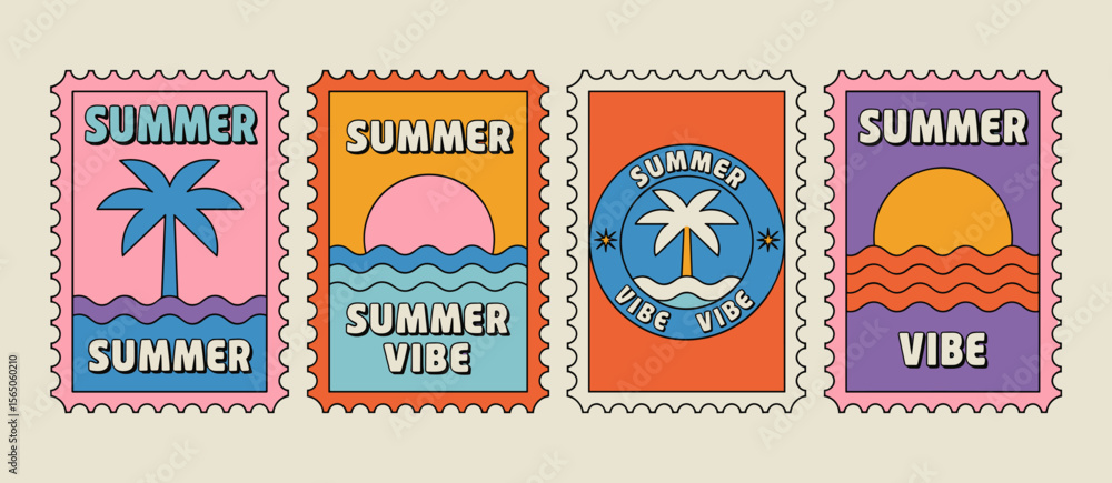 Naklejka premium Summer vibe stamp collection: tropical palm tree, sun, and ocean waves retro design
