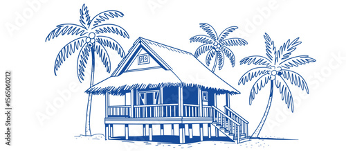 Tropical house on stilts with palm trees illustration, vacation getaway, summer