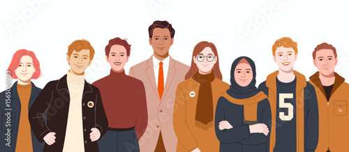 Diverse group of people, team members standing together, coworkers, teamwork, community, unity, collaboration, support, smiling