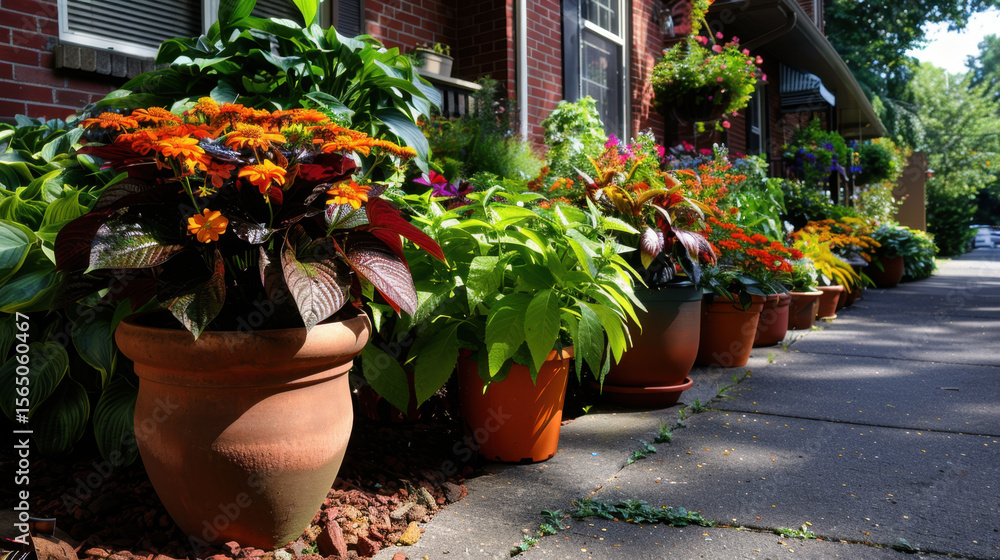 Obraz premium Bright flower arrangements in colorful pots line charming sidewalk, showcasing vibrant blooms and lush greenery. This inviting scene captures essence of well kept front yard garden