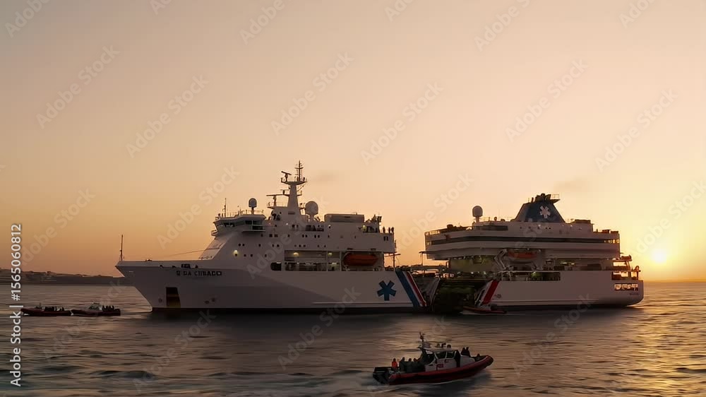 Hospital ships, small rescue boats on water at sunset, soft golden light Hospital ships, small rescue boats on water at sunset, soft golden light