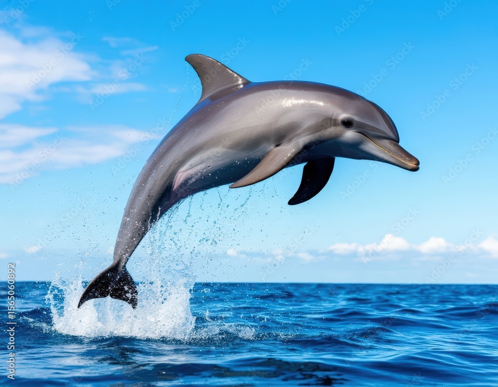 Fototapeta premium A dolphin is captured mid-jump, frozen in the air with the sky as background.