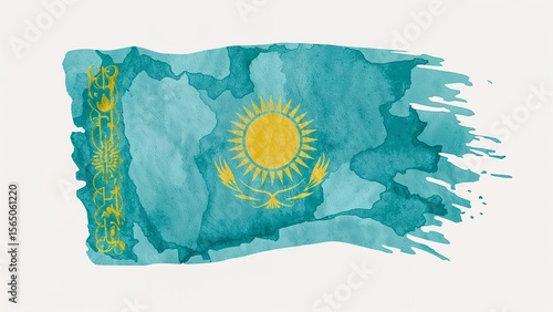 Vibrant watercolor kazakhstan flag on white background