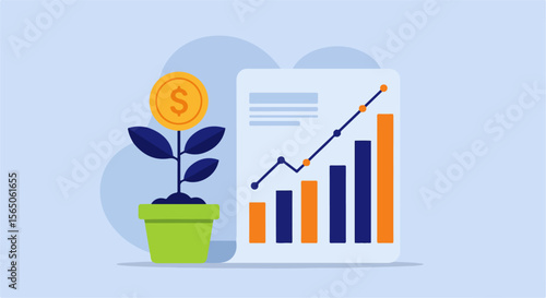 "Financial growth and investment: Golden coin plant and rising charts. Represents strategic finance, wealth accumulation, and achieving economic independence through smart planning &market prosperity