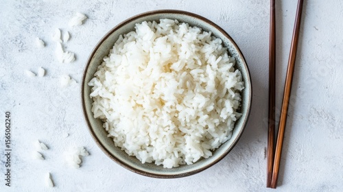 A bowl of plain cooked white rice, accompanied by chopsticks, rests on a mottled, light-grey surface.  A few stray grains are scattered nearby