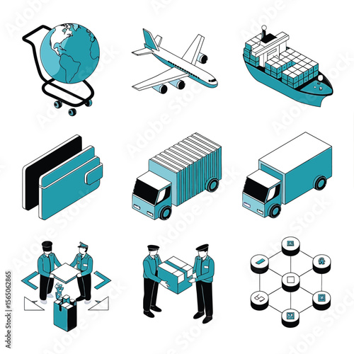 2d vector illustration colorful Land and sea transport techniques, methods and technological tools for transporting and shipping goods and products and