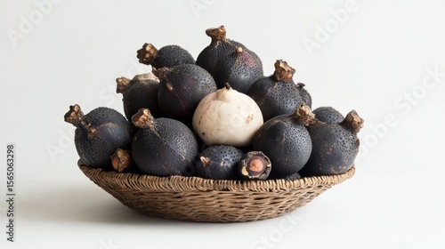 A wicker basket holds a pile of dark, bulbous fruits, one lighter-colored fruit nestled within