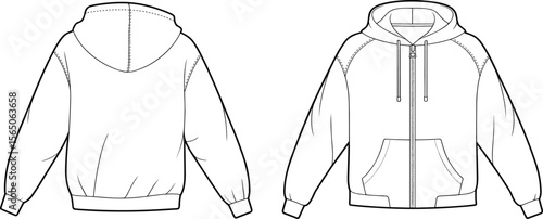 Hooded zip-up sweatshirt technical flat sketch, front and back view, drawstring hoodie design, fashion garment template, apparel illustration
