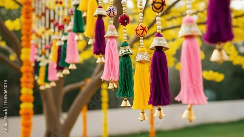 Colorful Tassels And Decorations Hanging On Strings For Wedding Celebration With Yellow Tree Background