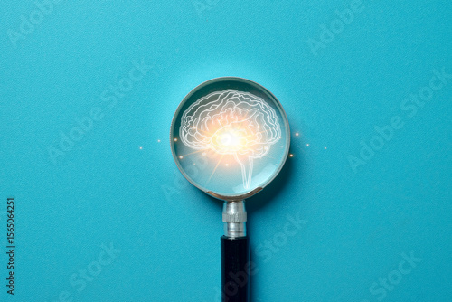 Concept of brainpower and creative thinking. A magnifying glass focuses on a glowing brain icon on light blue background idea for intelligence, innovation,psychology,mental clarity, self-awareness.