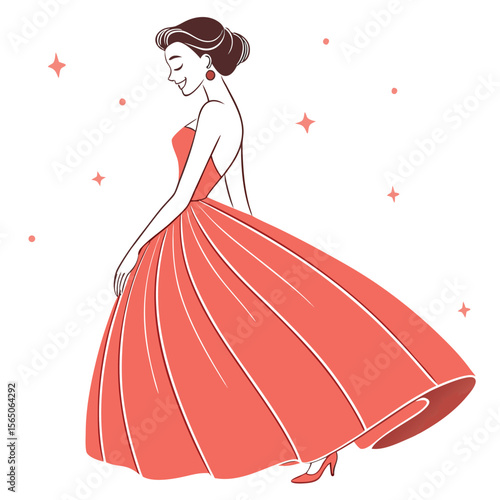 Cheerful coral red A-line gown, bright and vibrant, perfect for a joyful and lively celebration.