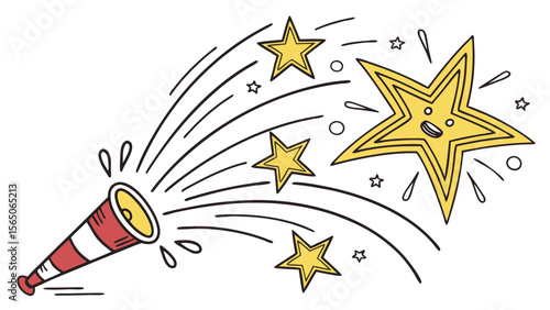 A cheerful illustration featuring a red and white megaphone releasing sparkling stars with smiling faces, perfect for celebrations.