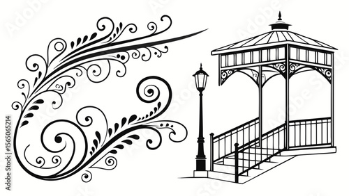 Elegant black and white illustration of a decorative gazebo with intricate floral designs.