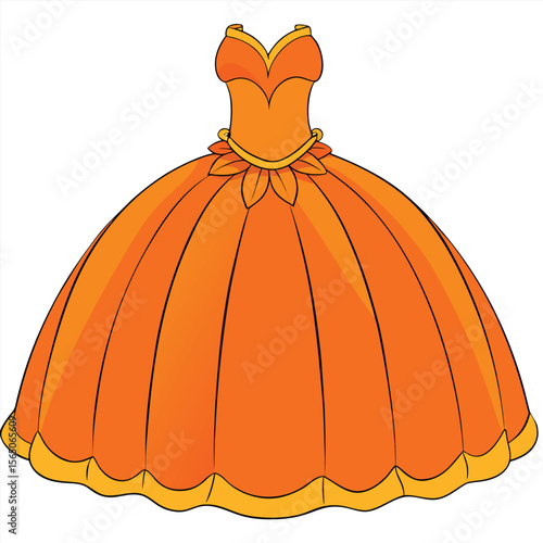 Fiery orange ball gown with a voluminous skirt, featuring a dramatic and captivating silhouette.