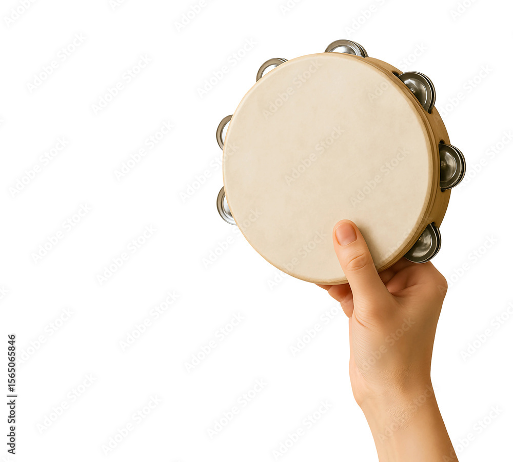 Fototapeta premium Hand Holding Wooden Tambourine with Metal Jingles