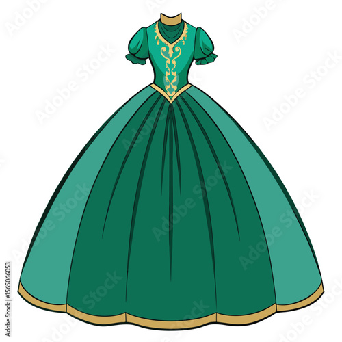 Luxurious forest green ball gown with full volume, showcasing elegant draping for a magnificent look.