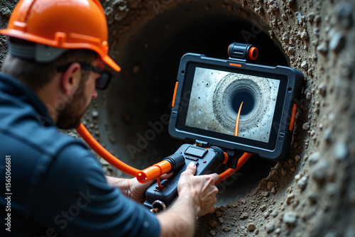 Worker using pipeline inspection camera in industrial setup, man performs sewer pipe inspection. Pipeline inspection includes examination of drainage system, ensuring safety and integrity,