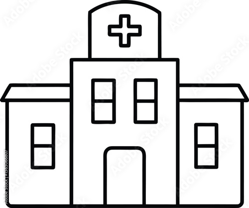 Clean line drawing icon of a hospital building for healthcare and medical purposes