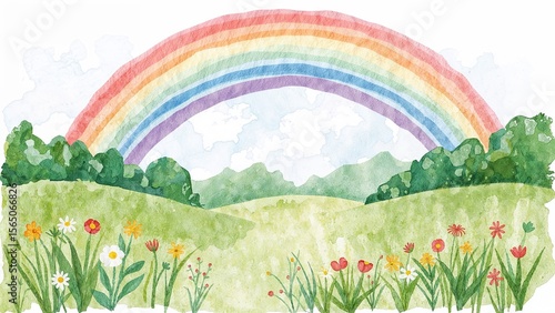 Whimsical rainbow over lush green meadow painting