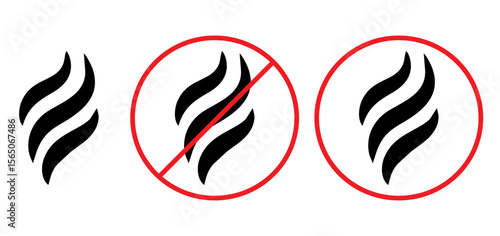 Anti bad smell icon. Odor control label. Forbidden flavors symbol. Strong flavors are not allowed. Deodorant sign. No perfume icon. Forbidden smoke. Vector illustration isolated on white background.