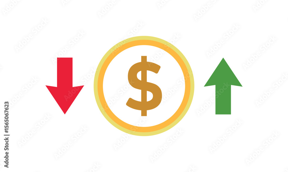 Revenue Trend Icon. Gold Dollar Coin with Green Upward Arrow and Red Downward Arrow, Financial Growth and Decline Symbol Vector Revenue Trend Icon. Gold Dollar Coin with Green Upward Arrow and Red Downward Arrow, Financial Growth and Decline Symbol Vector