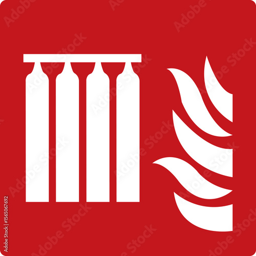 Battery of cylinders for a stationary fire extinguishing system. Red fire sign. Fire fighting equipment sign. Marking the location of fire extinguishers, water barrels and fire hydrants.