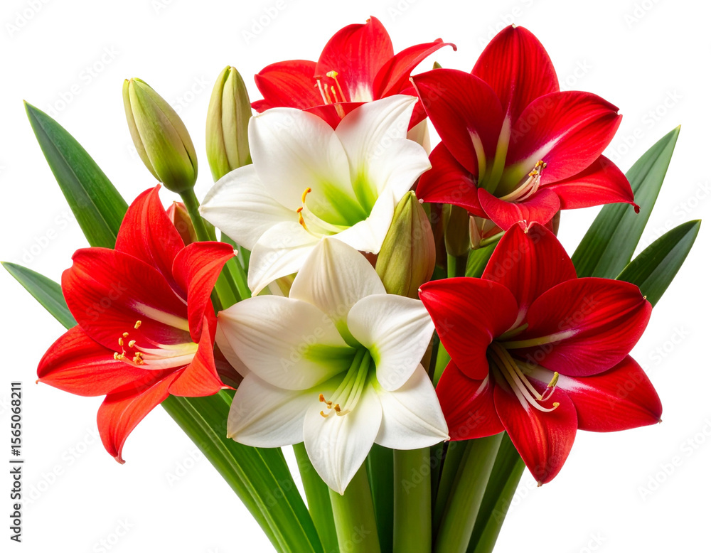 Fototapeta premium Corner Cluster of Red and White Amaryllis Blooms with Leaves, isolated on transparent background.
