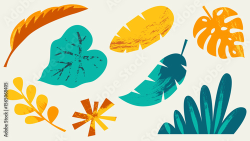 Colorful hand-drawn vector leaves inspired by tropical flora in orange, teal, and yellow. Concept of branding graphics for gardening, plant stores, natural cosmetics and tea