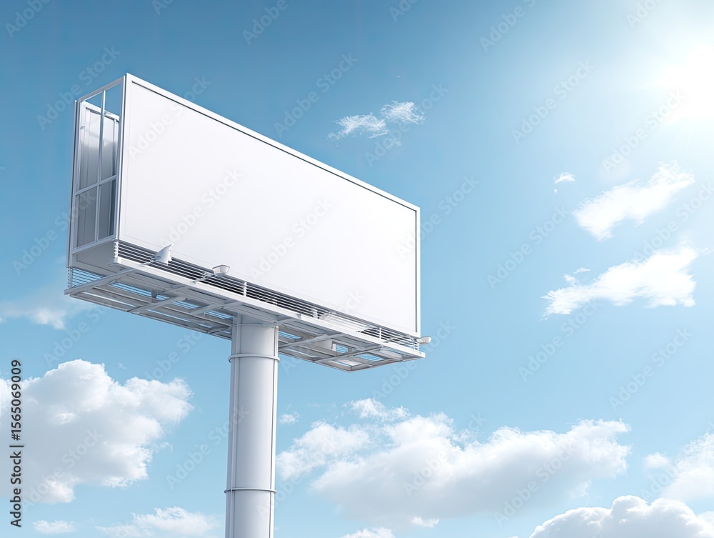 Fototapeta premium Blank white roadside billboard against bright blue sky. Minimal copy space on a tall metal pole with soft clouds. Clear brand visibility and fresh launch energy. Ideal for advertising mockups