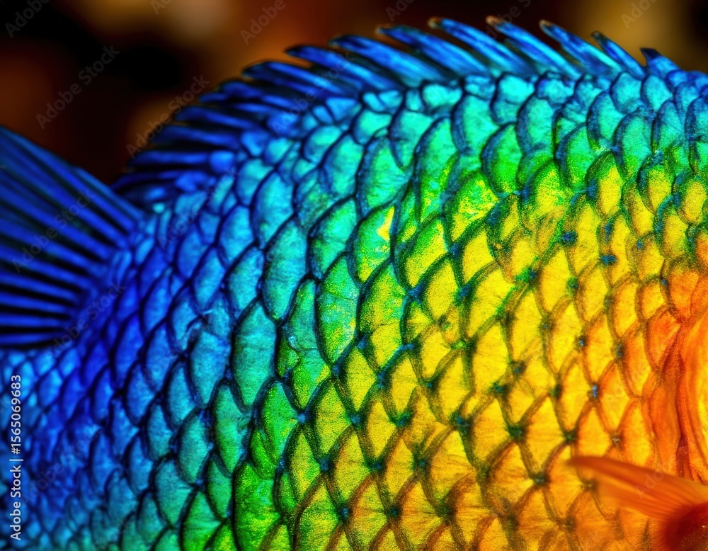 Obraz premium A macro image showing vivid geometric patterns on tropical fish scales.